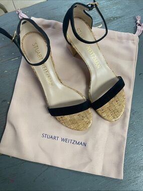 Stuart Weitzman Black Suede Cork Block Heel Sandals with Ankle Strap